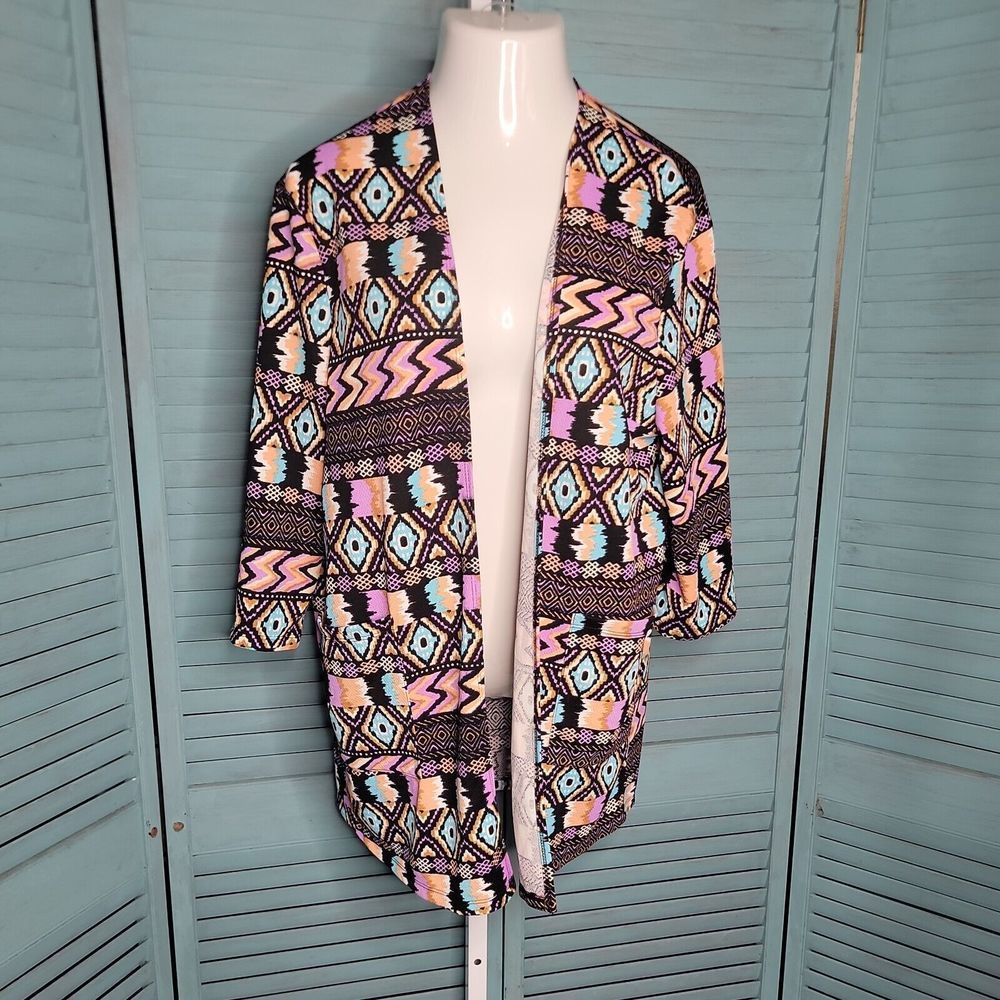 Azules Cardigan Kimono Open Front Top ~ Sz S ~ 3/4 Sleeve ~Purple, Orange, Black